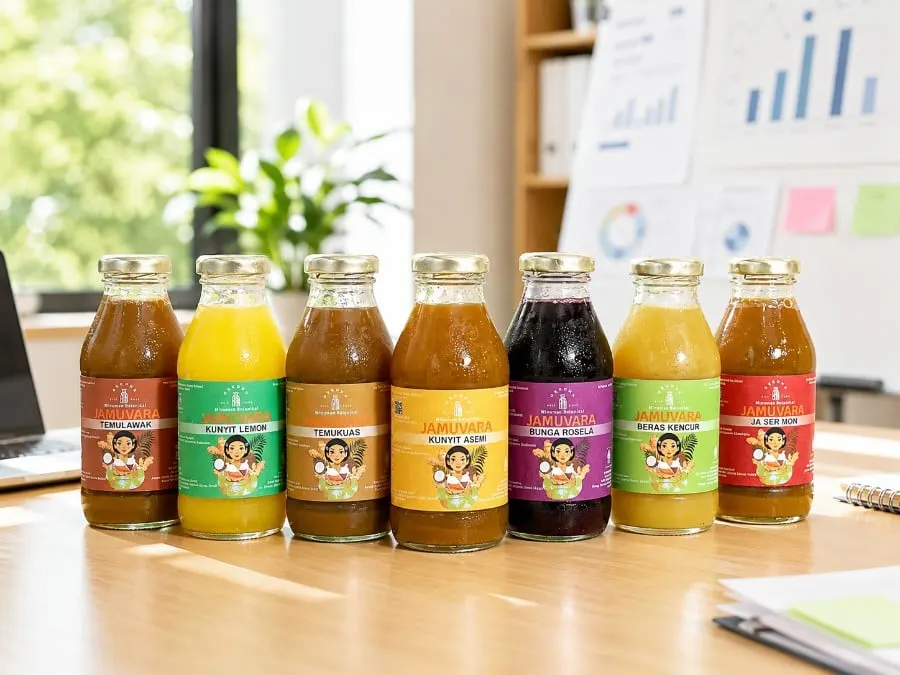 Tujuh botol kaca jamu Jamuvara berlabel warna-warni berjajar di meja kayu dekat jendela