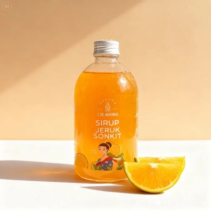 Botol kaca Sirup Jeruk Sonkit berlabel Cie.Wawa di samping irisan jeruk, berlatar krem
