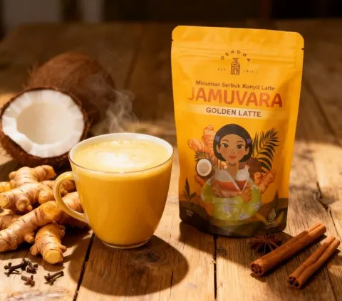 Pouch kuning Jamuvara Golden Latte di samping cangkir minuman kunyit, rimpang jahe, kelapa dan kayu manis