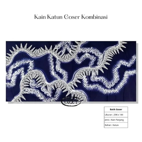 Kain batik katun biru tua bermotif putih bergelombang dengan tabel keterangan Batik Goser