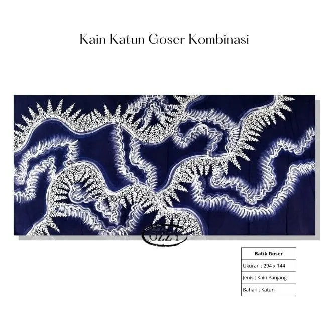 Kain batik katun biru tua bermotif putih bergelombang dengan tabel keterangan Batik Goser