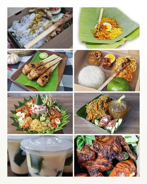 Kolase delapan menu khas Bali: nasi campur dalam kotak, sate lilit, tumpeng, ayam panggang dan minuman dalam gelas