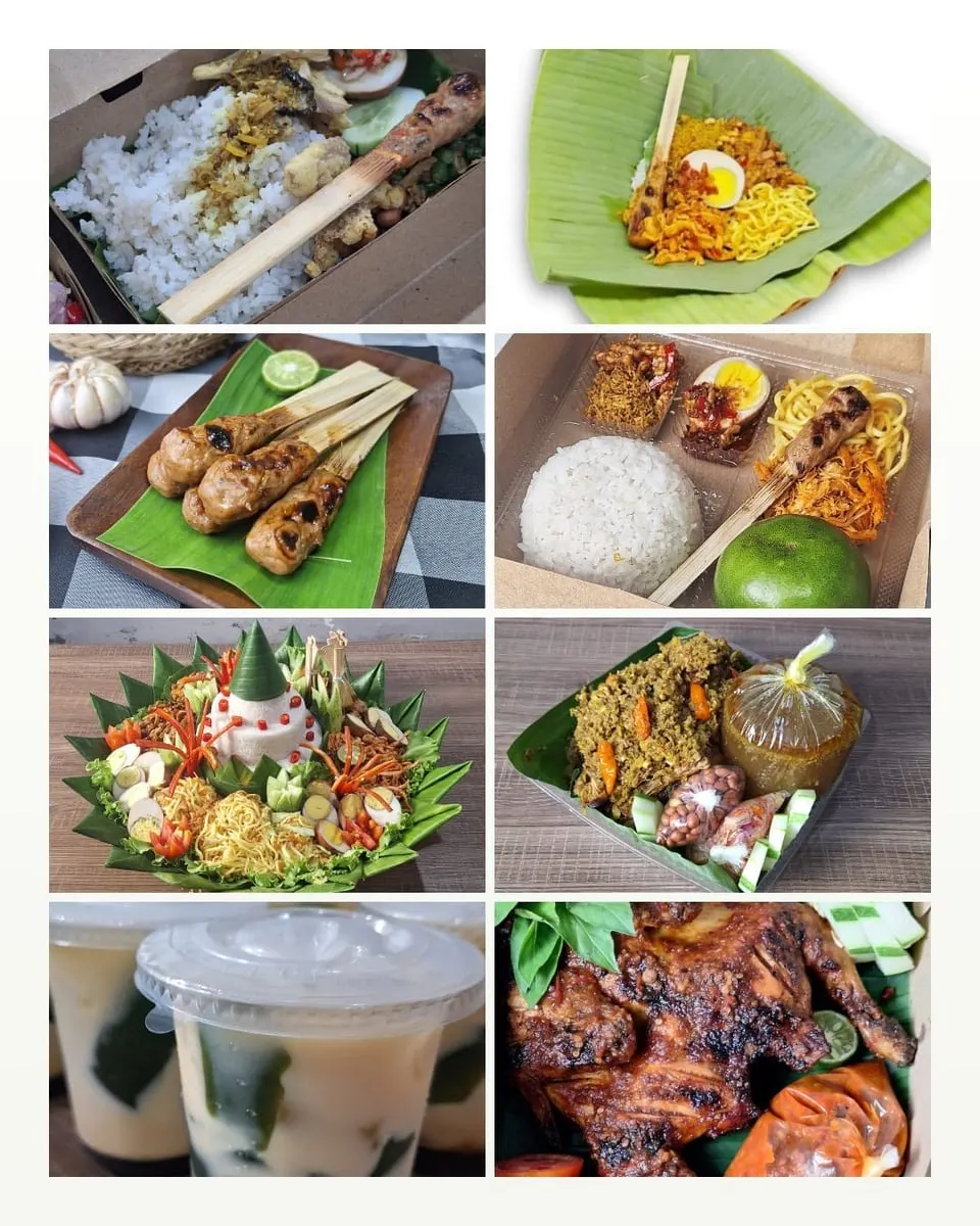 Kolase delapan menu khas Bali: nasi campur dalam kotak, sate lilit, tumpeng, ayam panggang dan minuman dalam gelas