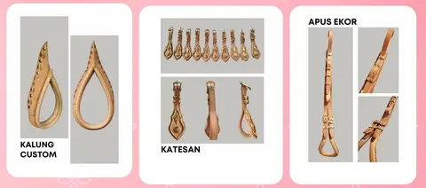 Panel produk kalung custom, katesan dan apus ekor dari kulit sapi cokelat muda berhias kuningan
