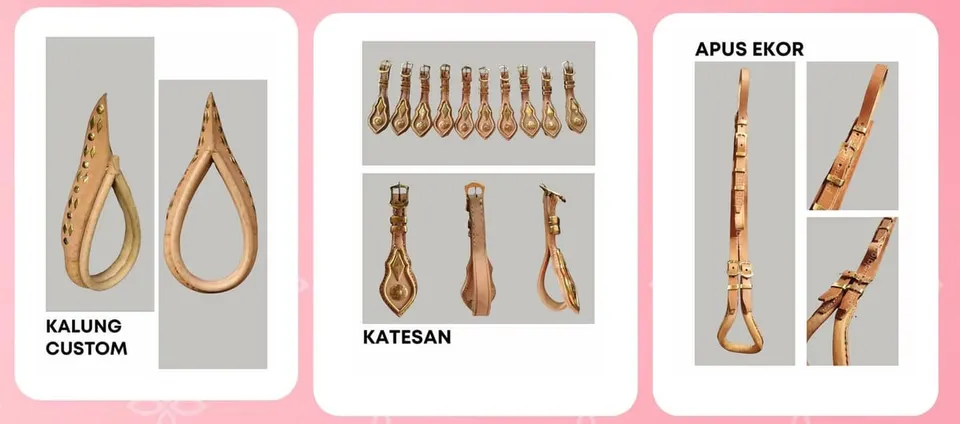 Panel produk kalung custom, katesan dan apus ekor dari kulit sapi cokelat muda berhias kuningan