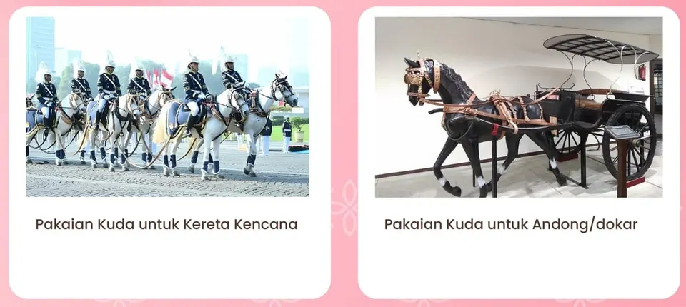 Barisan kuda putih berpakaian kuda kulit dengan penunggang berseragam, dan patung kuda hitam menarik andong