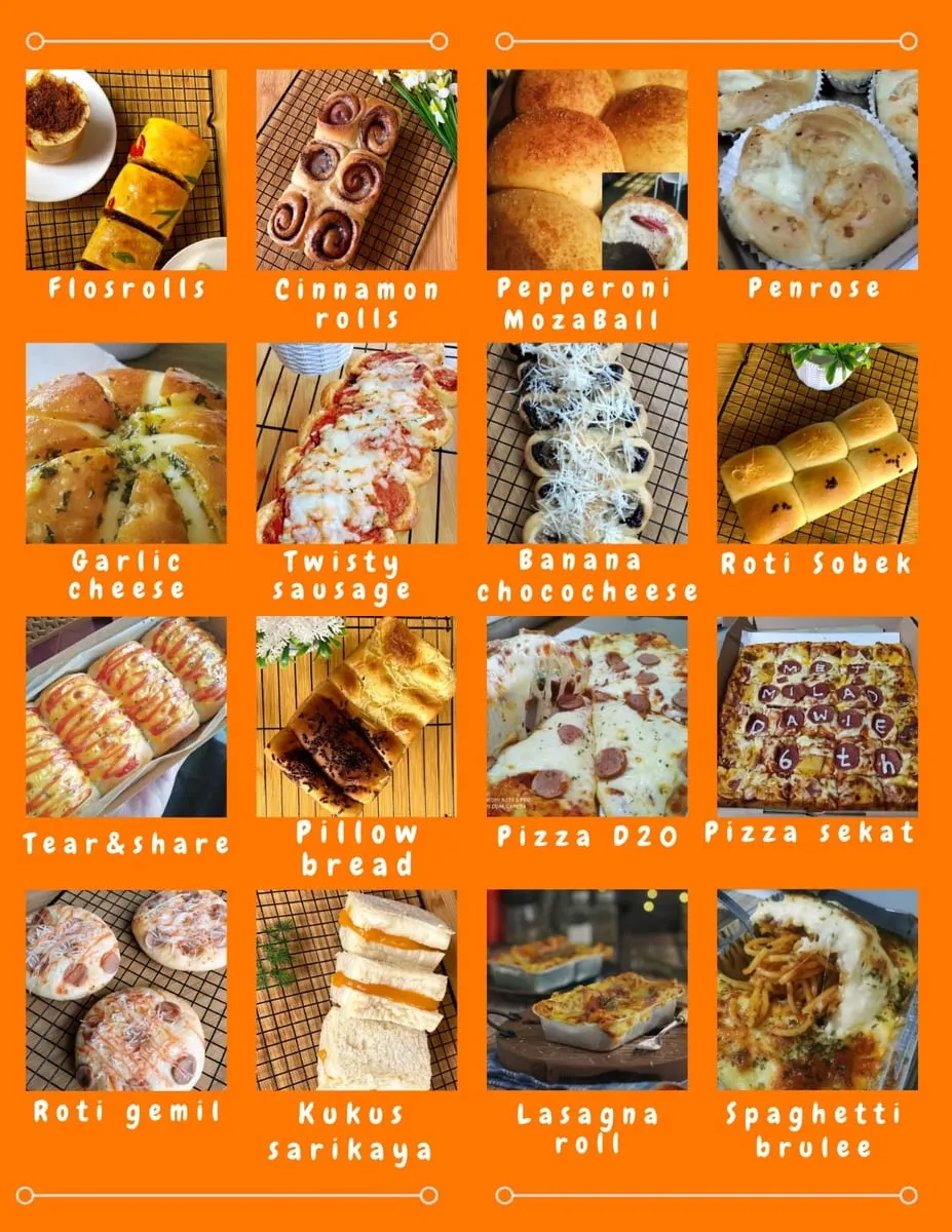 Katalog oranye berisi 16 foto roti, pizza, lasagna dan spageti brulee dengan nama di bawah tiap foto