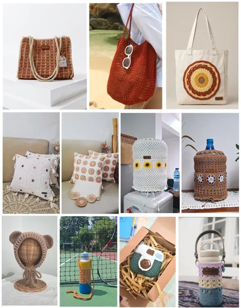 Kolase produk rajut: tas bahu, tote kanvas berhias rajutan, sarung bantal, sarung galon, topi telinga beruang dan tas botol