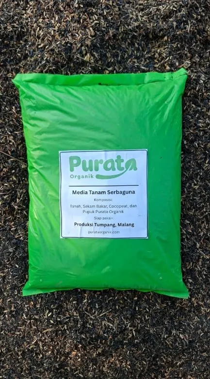Kantong plastik hijau Purata Organik berlabel Media Tanam Serbaguna di atas hamparan sekam