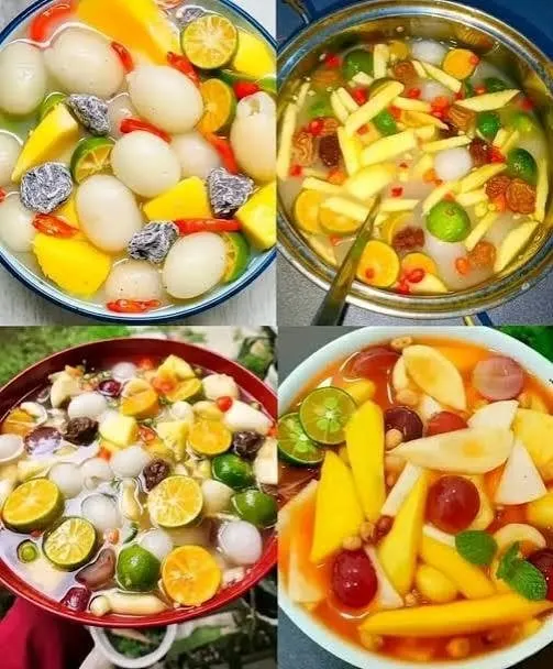 Kolase empat mangkuk asinan buah berisi potongan mangga, buah bulat putih, jeruk kecil, dan cabai dalam kuah