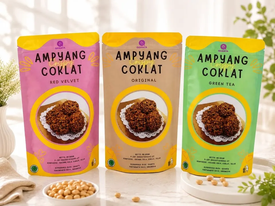 Tiga kemasan pouch Ampyang Coklat rasa Red Velvet, Original dan Green Tea dengan mangkuk kacang