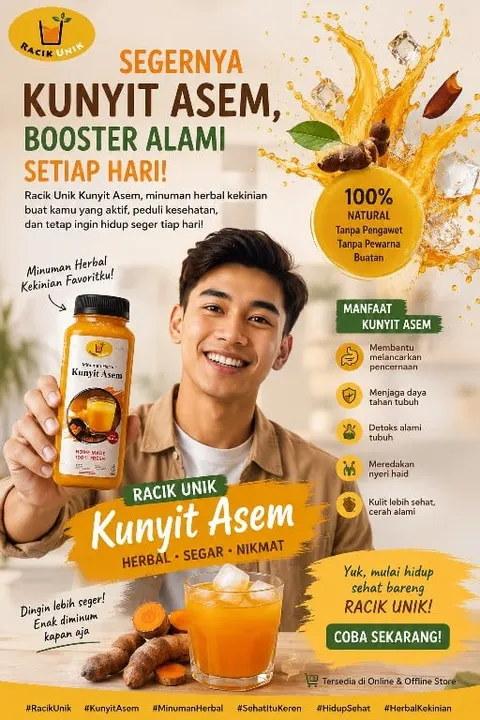 Poster Racik Unik Kunyit Asem dengan pria memegang botol jamu kunyit asem, segelas es kunyit asem dan daftar manfaat