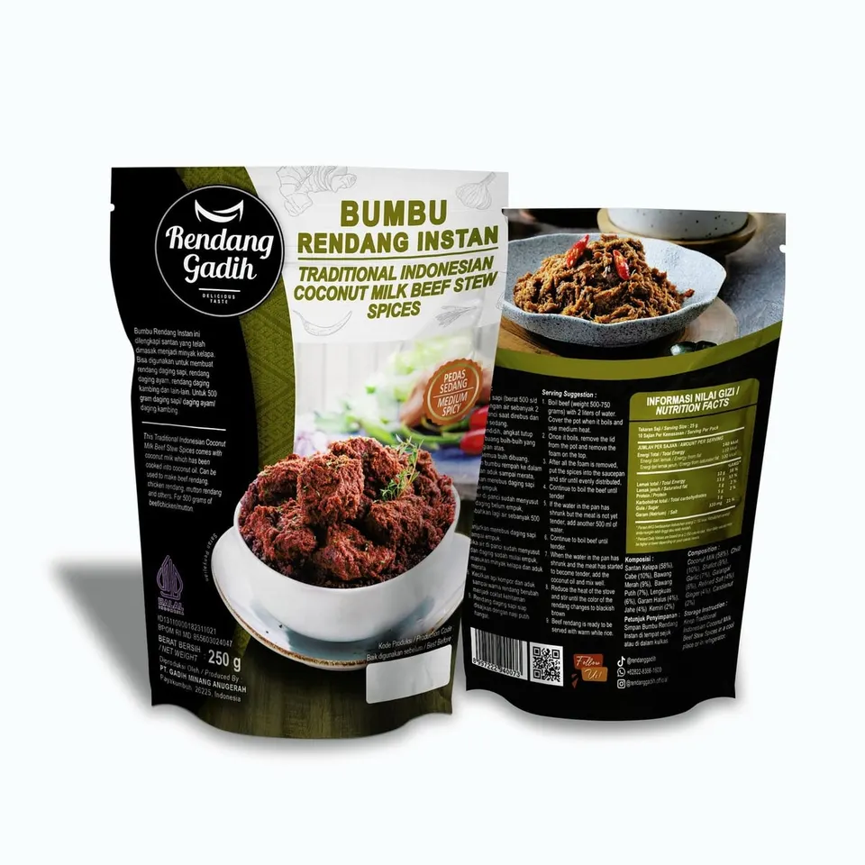 Bagian depan dan belakang kemasan pouch hitam Bumbu Rendang Instan Rendang Gadih 250 g dengan gambar rendang