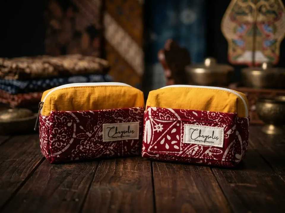 Dua pouch beresleting dengan bagian atas kuning dan bawah batik merah berlabel Chrysalis di meja kayu