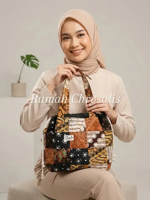 Model berhijab memegang tas jinjing perca batik cokelat, hitam dan krem bertuliskan Rumah Chrysalis