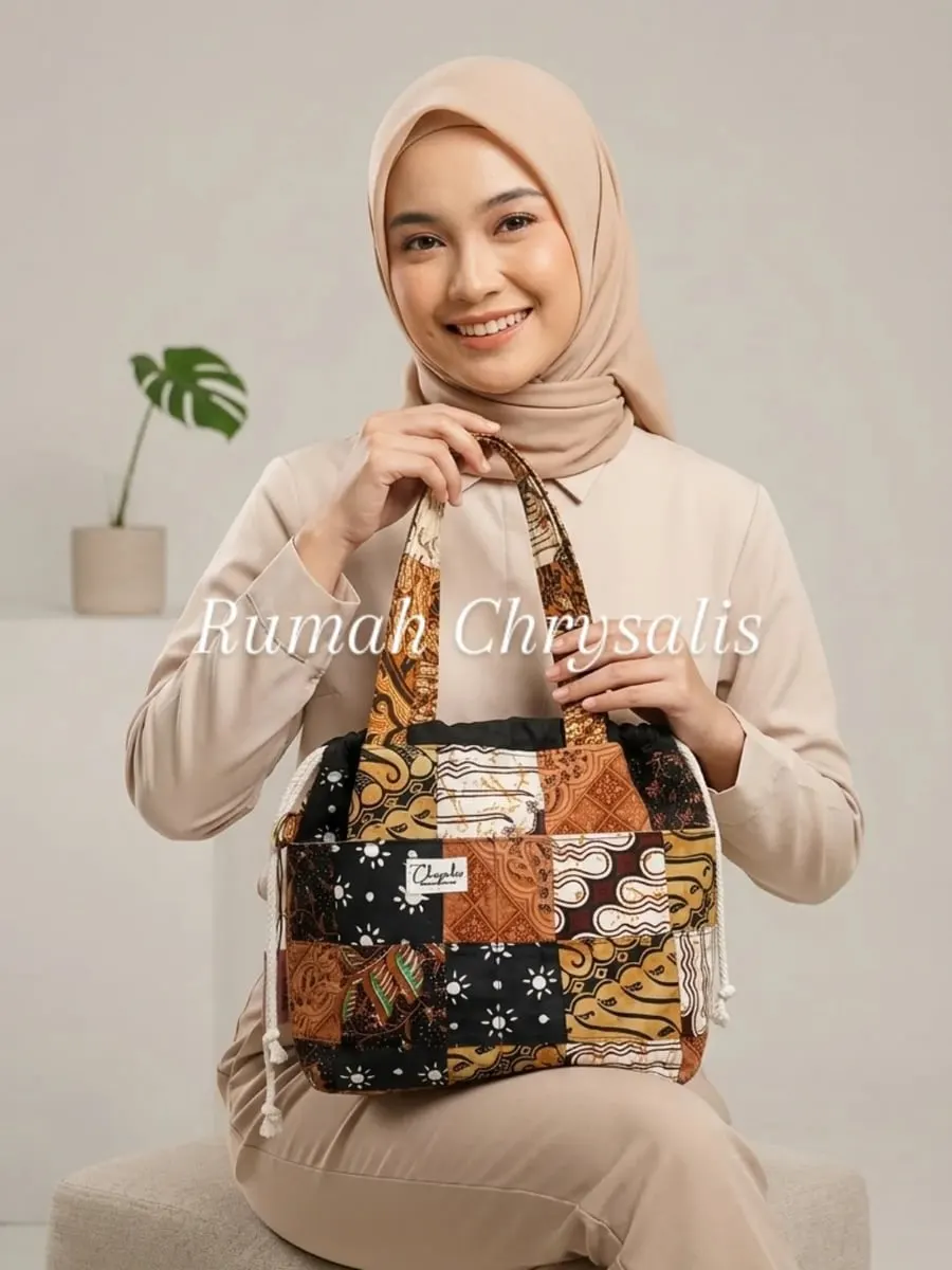Model berhijab memegang tas jinjing perca batik cokelat, hitam dan krem bertuliskan Rumah Chrysalis