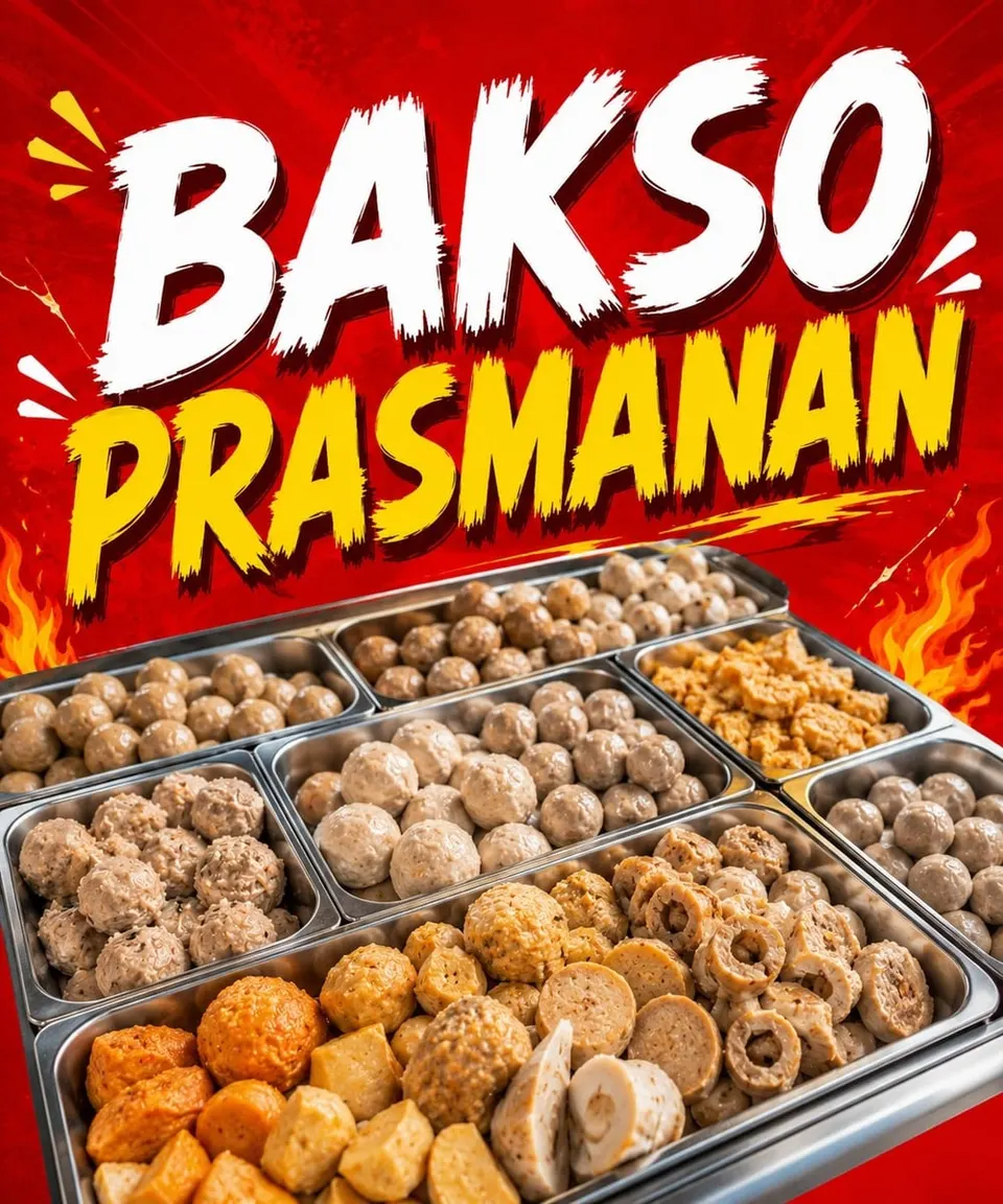 Poster merah bertulisan Bakso Prasmanan dengan wadah stainless berisi aneka bakso, tahu dan gorengan