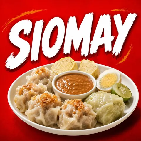 Poster merah bertulisan Siomay dengan piring siomay, tahu, telur rebus, kol dan saus kacang