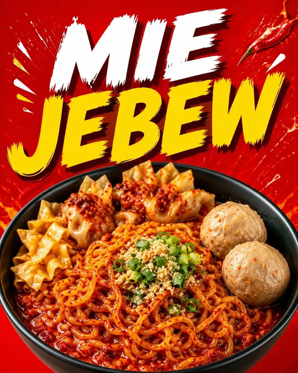 Poster merah bertulisan Mie Jebew dengan mangkuk mi pedas, pangsit goreng, bakso dan daun bawang