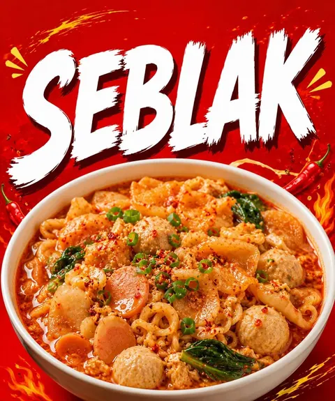 Poster merah bertulisan Seblak dengan mangkuk putih berisi seblak kuah oranye, bakso, sosis dan sayuran
