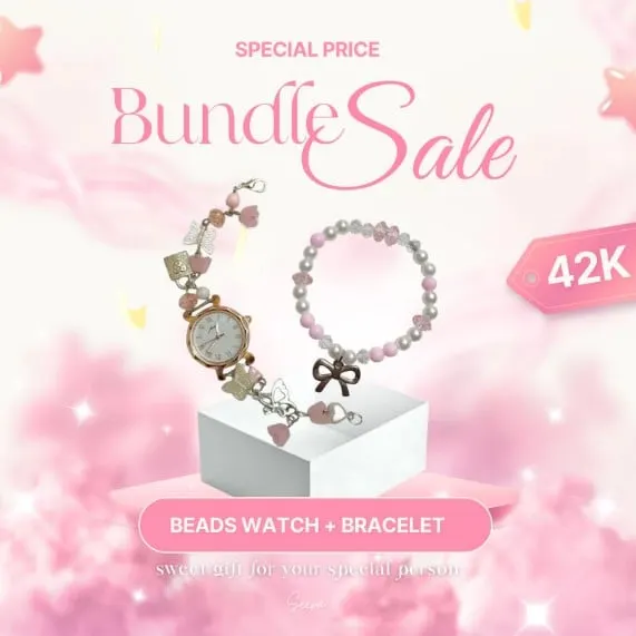 Poster Bundle Sale 42K berisi jam tangan manik dan gelang mutiara merah muda berlatar merah muda