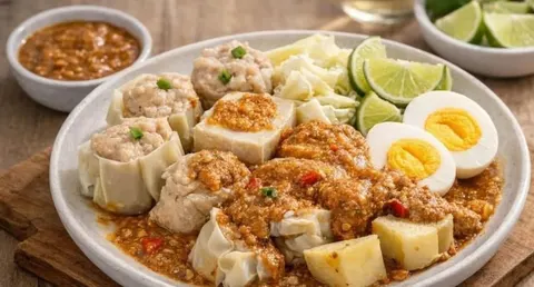 Piring berisi siomay, tahu, kentang dan telur rebus bersaus kacang dengan jeruk nipis dan semangkuk saus