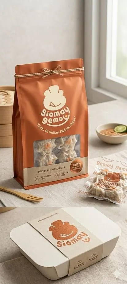 Kemasan siomay beku oranye berjendela transparan dan kotak kertas berlabel Siomay di atas meja
