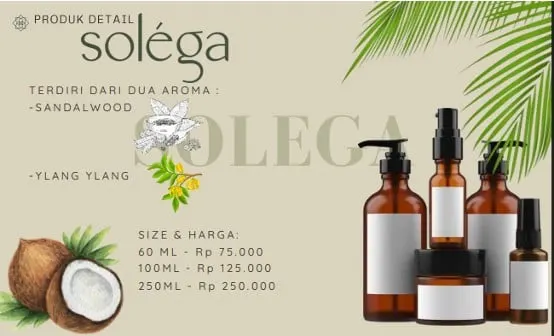 Poster Solega berisi botol kaca cokelat, pilihan aroma sandalwood dan ylang ylang, serta harga per ukuran