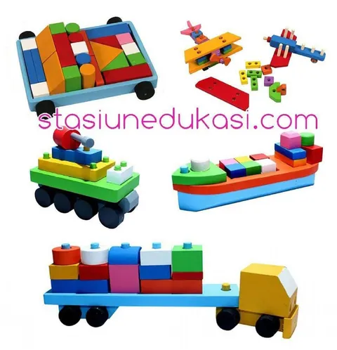 Mainan kayu warna-warni berupa gerobak balok, pesawat rakitan, truk, kapal dan truk trailer bermuatan balok