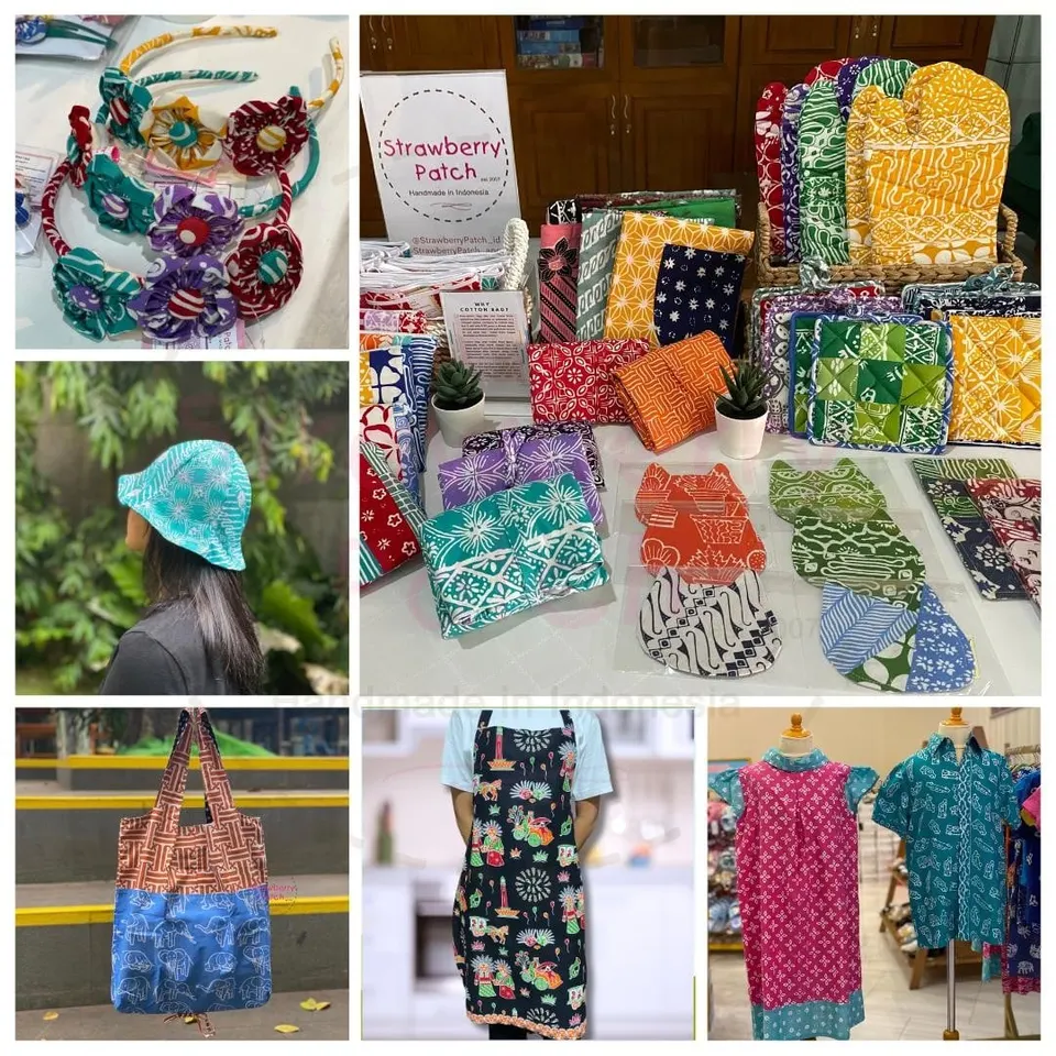Kolase produk kain batik Strawberry Patch: bando bunga, topi bucket, tas lipat, celemek, baju anak dan meja pajangan