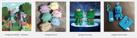 Deretan empat foto amigurumi rajut: kelinci dan gajah, kucing warna pastel, sepasang katak bermahkota dan boneka biru