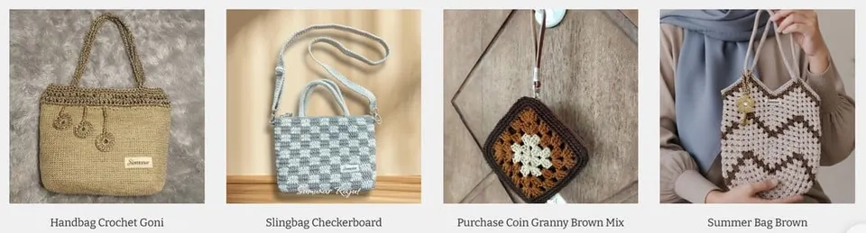 Deretan empat tas rajut: handbag goni krem, slingbag kotak-kotak abu-abu, dompet koin granny cokelat dan tas zigzag