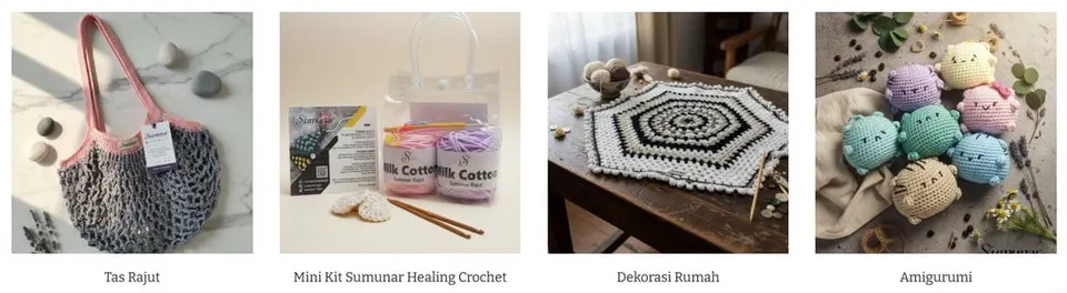 Deretan empat foto: tas jaring rajut, paket mini kit merajut dengan benang, taplak rajut segi enam dan amigurumi kucing