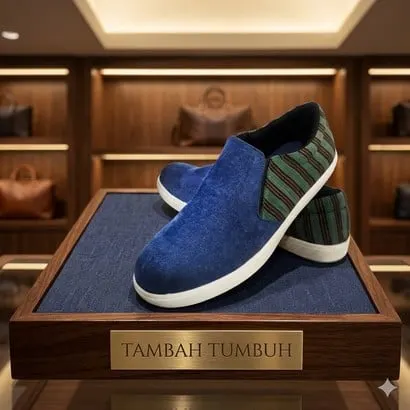 Sepatu slip on denim biru dengan panel tenun garis hijau di atas alas kayu berplakat Tambah Tumbuh