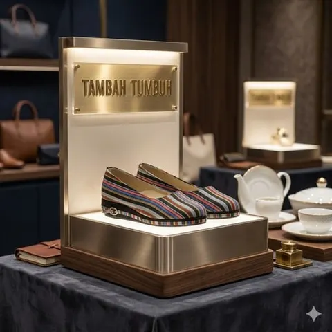 Sepasang sepatu flat tenun bergaris warna-warni di atas podium berpanel emas bertuliskan Tambah Tumbuh