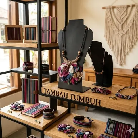Rak pajang berisi kalung, scrunchie, gelang dan buku bersampul tenun dengan papan bertuliskan Tambah Tumbuh