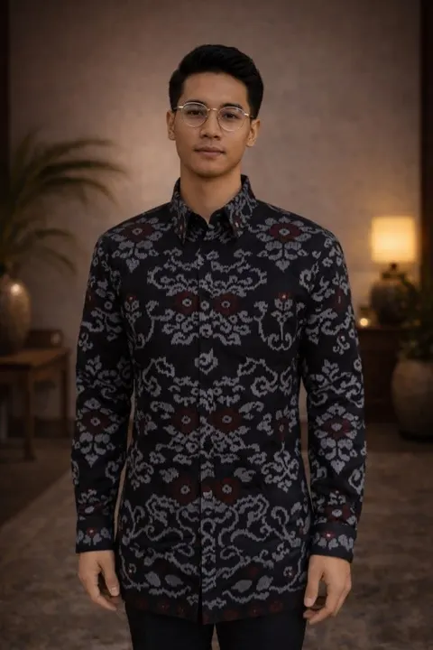 Pria berkacamata mengenakan kemeja tenun lengan panjang berwarna gelap dengan motif abu-abu dan merah