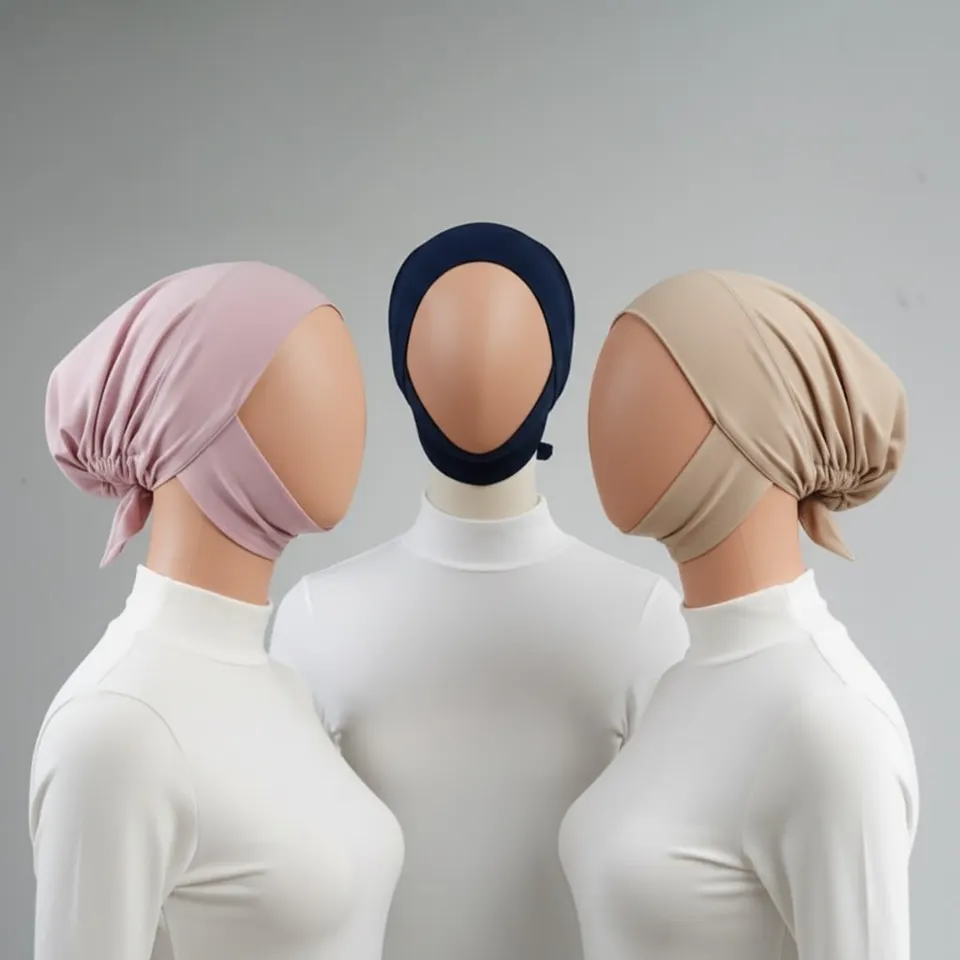 Tiga dalaman hijab model ciput warna merah muda, biru dongker dan krem pada manekin berbaju putih