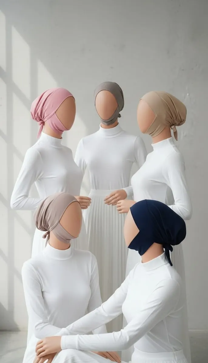 Lima manekin berbaju turtleneck putih memakai dalaman hijab ciput merah muda, abu, krem, cokelat muda dan biru dongker