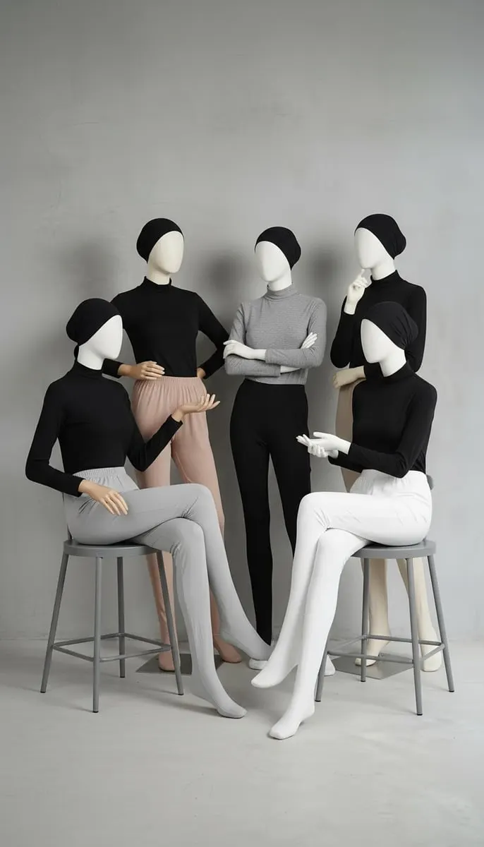 Lima manekin memakai ciput hitam, manset turtleneck hitam dan abu, serta legging abu, putih, merah muda dan hitam