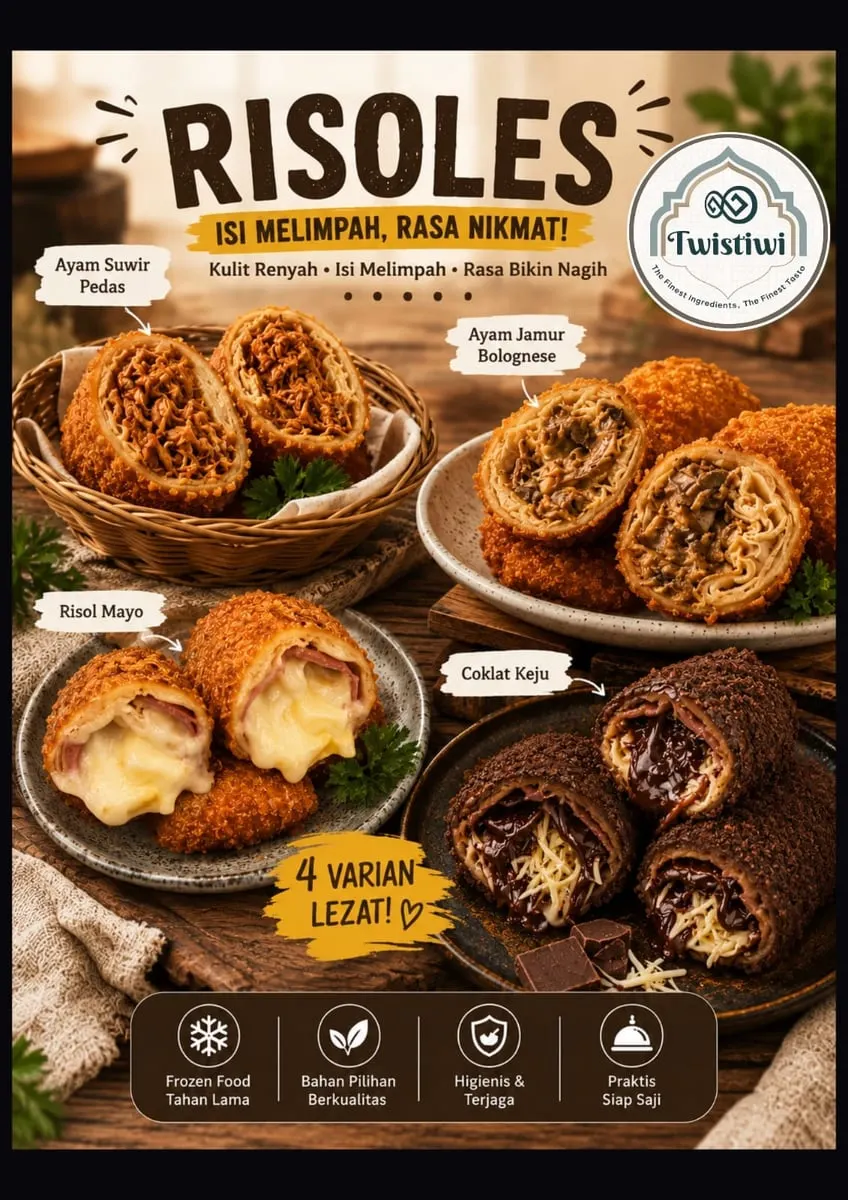 Poster Risoles Twistiwi berisi empat varian risol terbelah: ayam suwir pedas, ayam jamur bolognese, mayo dan coklat keju