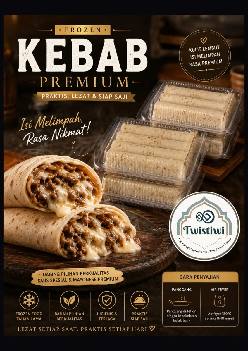 Poster Frozen Kebab Premium Twistiwi dengan kebab isi daging dan keju, kebab beku dalam mika dan cara penyajian