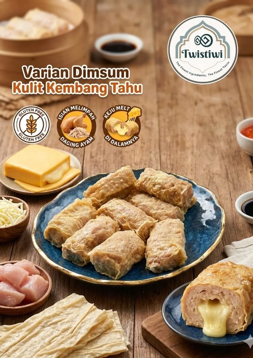 Piring biru berisi dimsum kulit kembang tahu, satu terbelah dengan keju leleh, bertuliskan Varian Dimsum