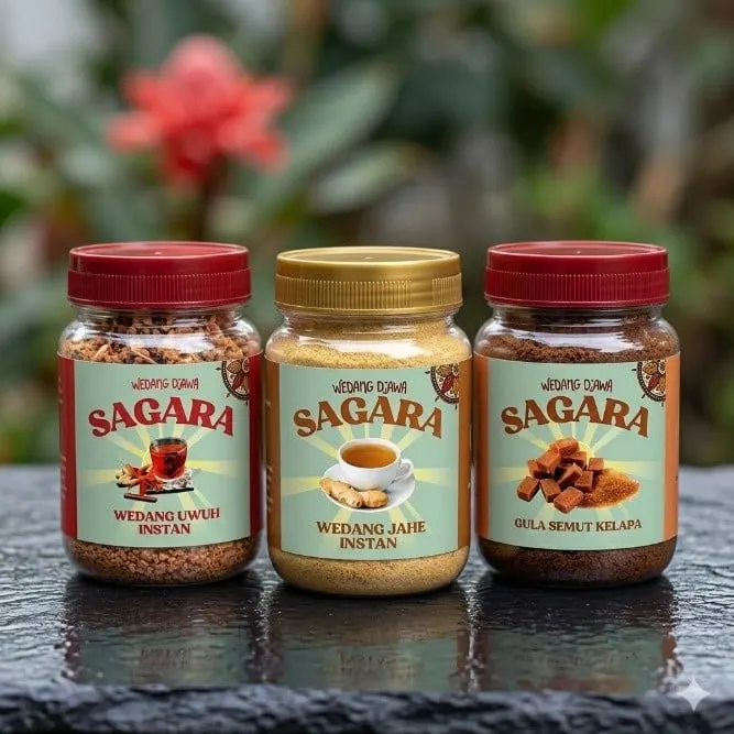 Tiga toples Sagara berisi wedang uwuh instan, wedang jahe instan dan gula semut kelapa di atas batu hitam