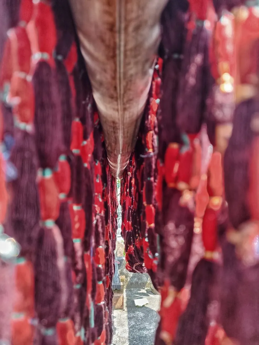 Untaian benang ikat yang sudah dicelup warna merah dan ungu tergantung berjajar