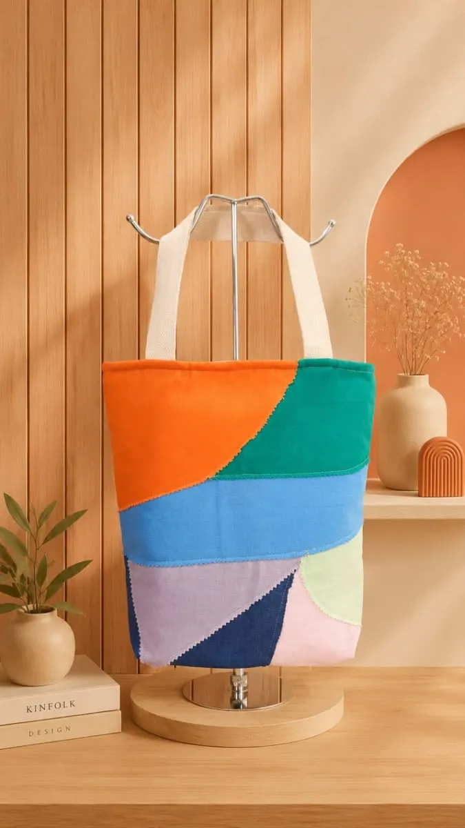 Tote bag dari potongan kain oranye, hijau, biru, ungu dan merah muda tergantung pada stand