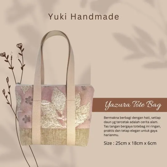 Kartu produk Yazura Tote Bag, tas jinjing merah muda bercetak daun dengan bagian bawah goni dan tali krem