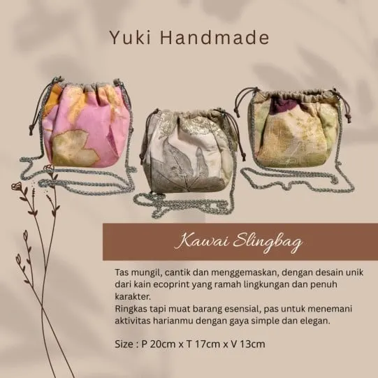 Kartu produk Kawai Slingbag, tiga tas serut mungil kain ecoprint dengan tali rantai perak