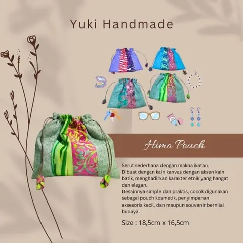 Kartu produk Himo Pouch, pouch serut kanvas hijau dengan aksen kain batik merah muda dan hijau