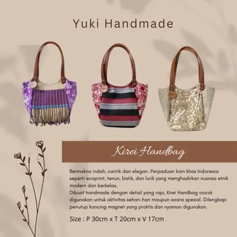 Kartu produk Kirei Handbag, tiga tas tangan kain tenun, batik dan ecoprint dengan pegangan kulit cokelat